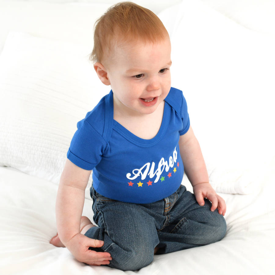 personalised baby grow vest in blue by a type of design