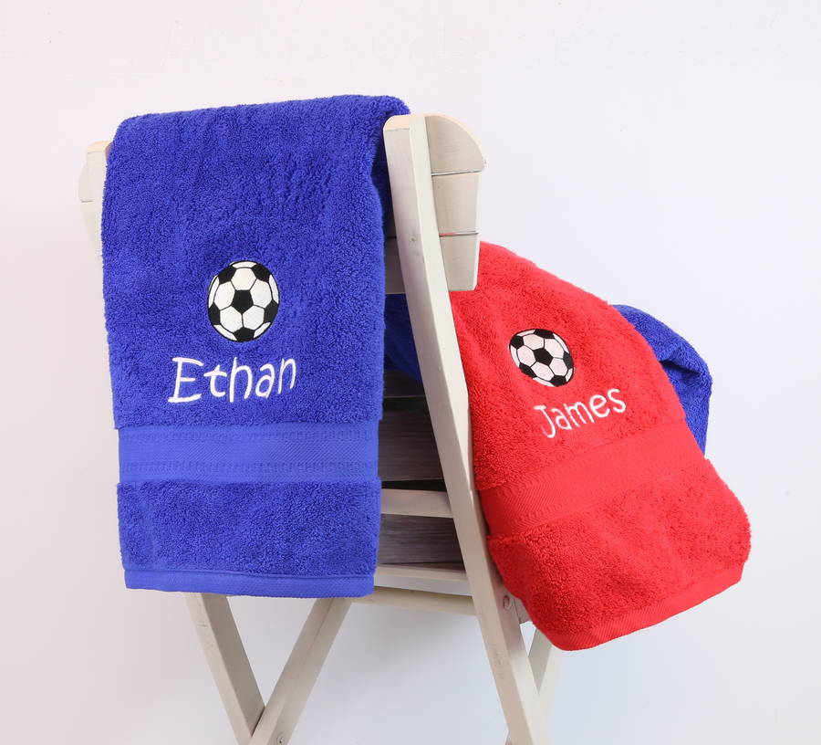 kids personalised football bath towel by duncan stewart textiles