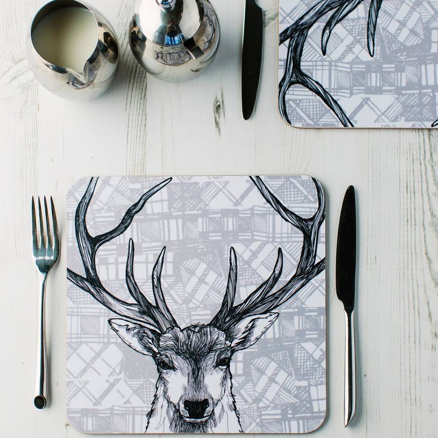 'tartan stag' scottish set of four placemats by gillian kyle gift