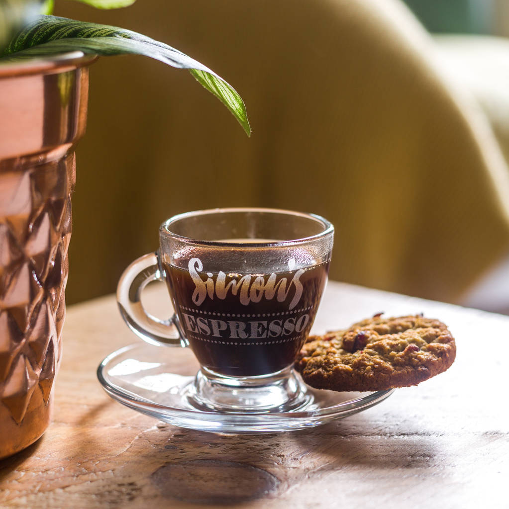 personalised engraved glass espresso cup and saucer by chalk and cheese