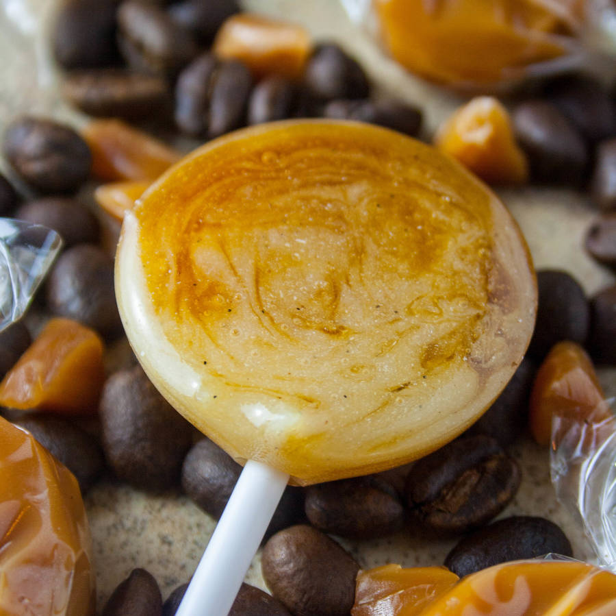 five caramel latte lollipops by holly's lollies
