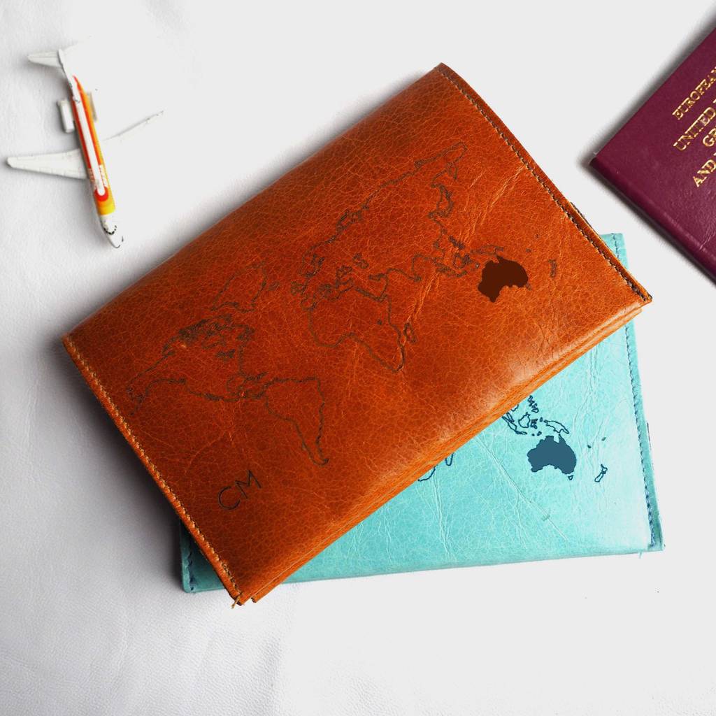 personalised leather passport holder with world map by stabo