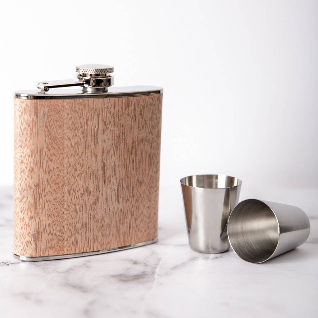 personalised wooden hip flask with cups by ginger rose