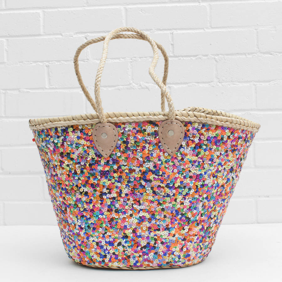 hand woven palm leaf moroccan sequin basket by ella james