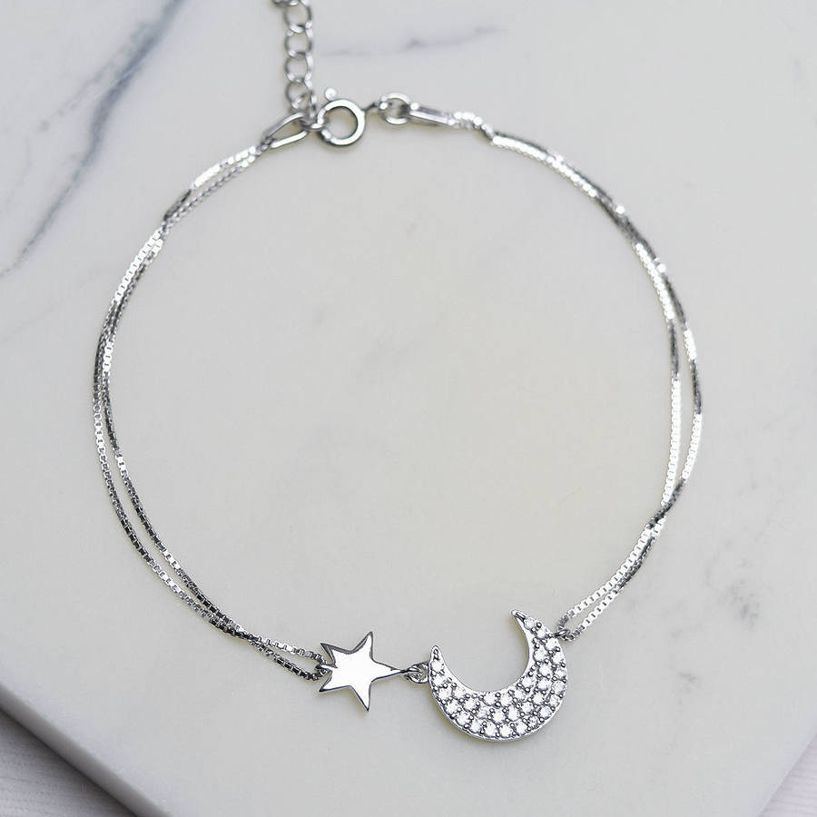 Sterling Silver Pave Moon And Star Bracelet By Mia Belle