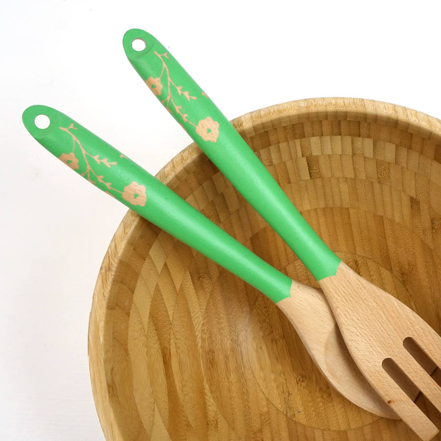hand painted wooden salad servers by cathy hilton artisan
