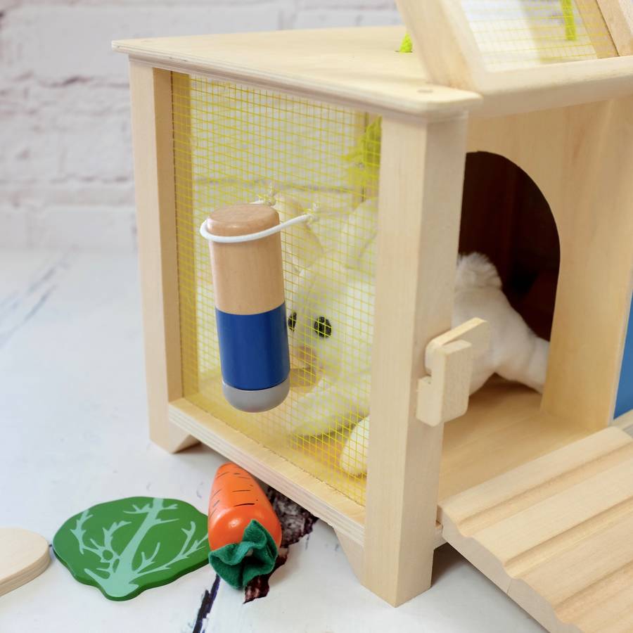 personalised rabbit hutch toy with accessories by auntie mims