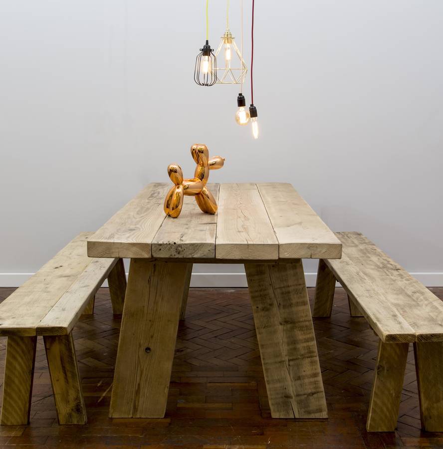 reclaimed plank table with split legs by hand and craft