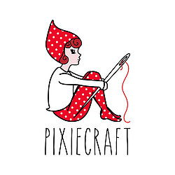 A small pixie in red and white polkadots holding a needle and thread