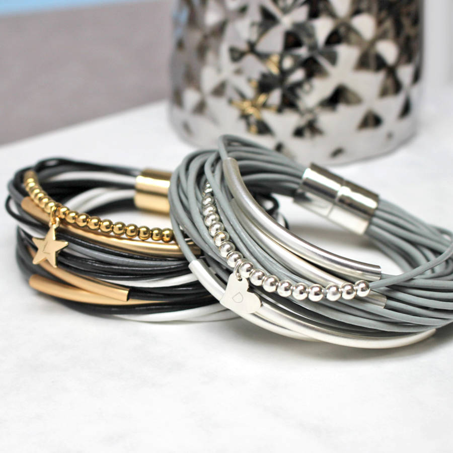 personalised multi strand leather bracelet by jamie london
