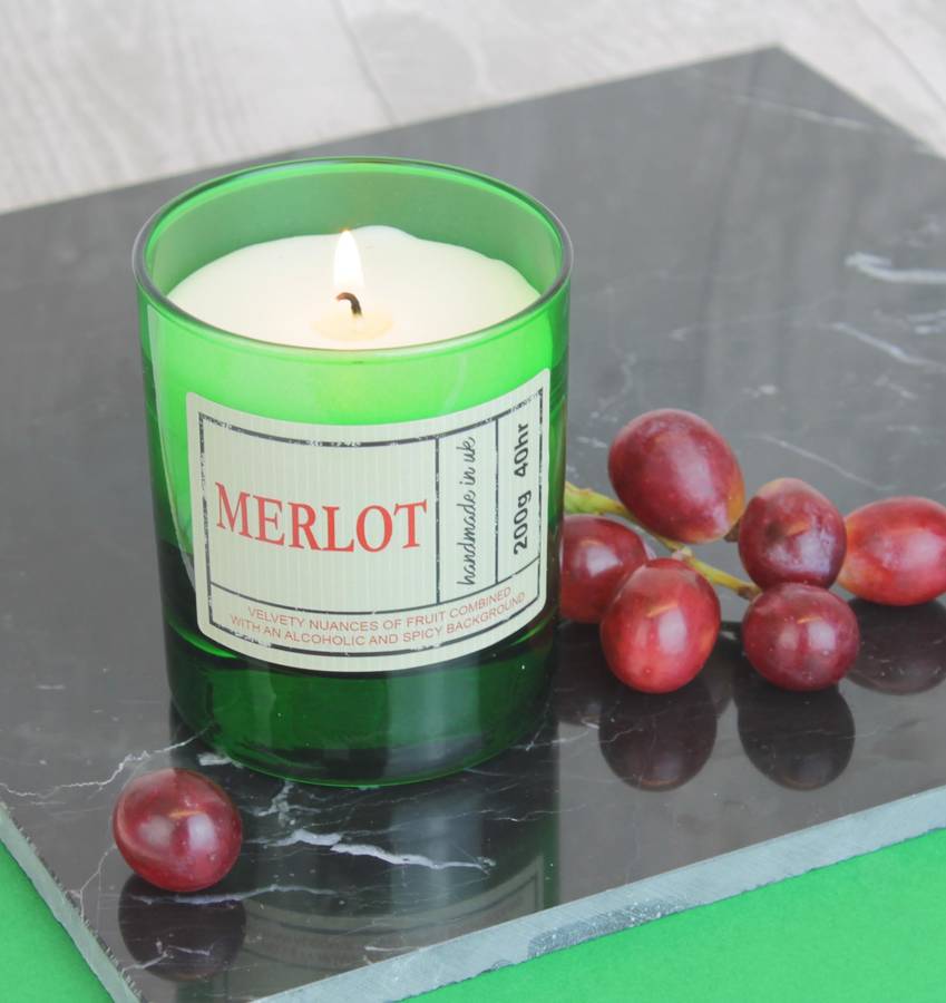 merlot red wine scented candle in green glass by hearth & heritage ltd