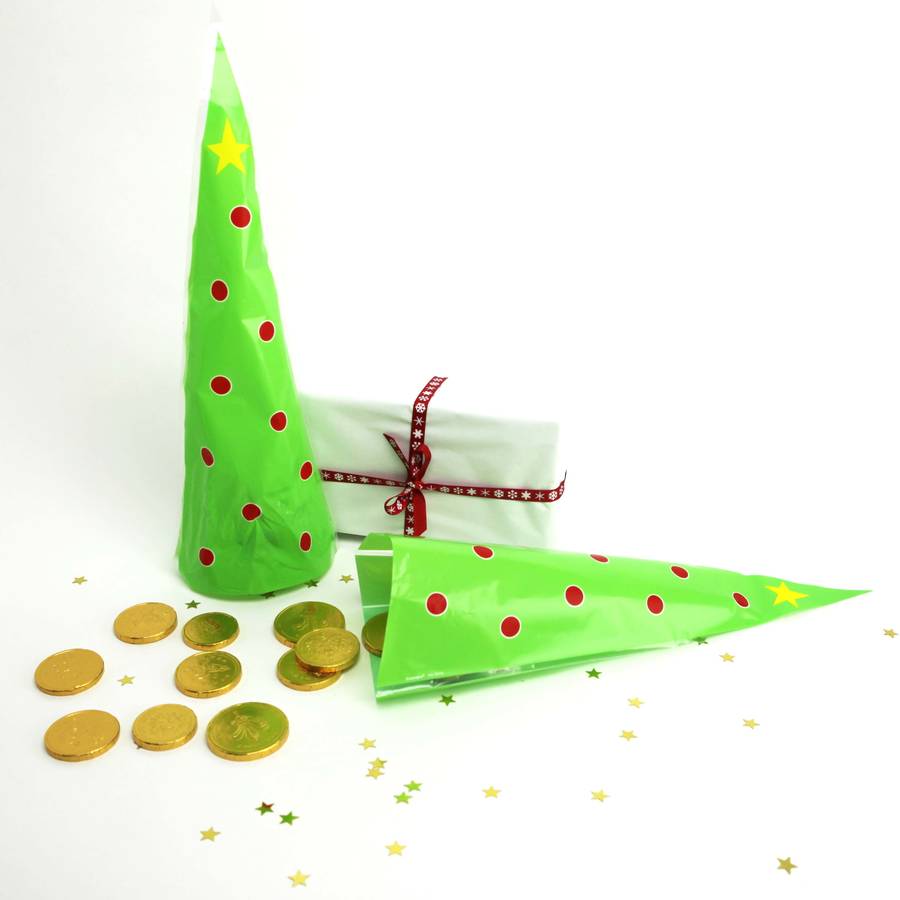 christmas tree shaped cellophane treat bags by postbox party