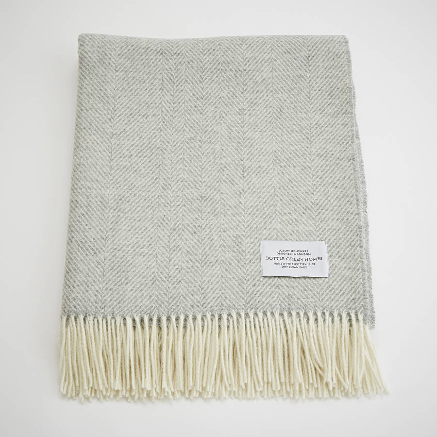 merino lambswool light grey herringbone throw by bottle green homes