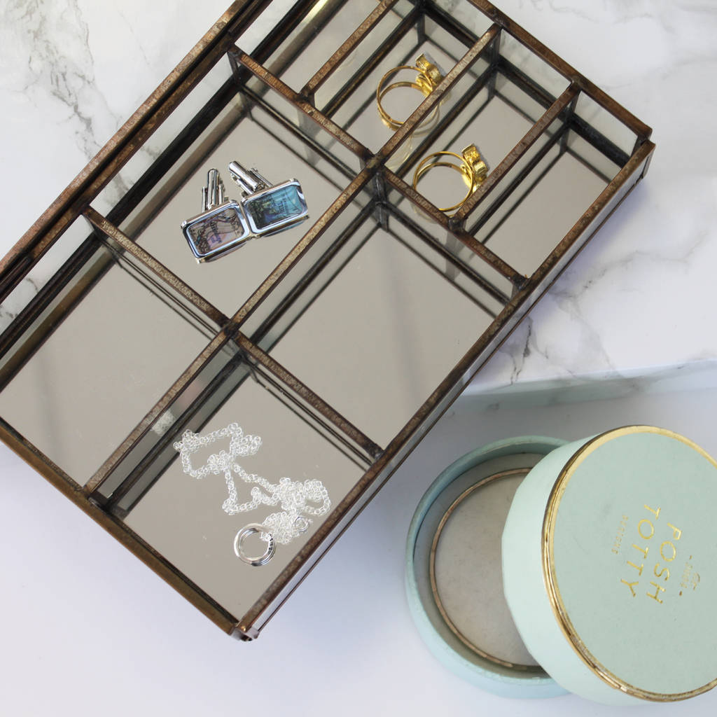 brass and glass compartment jewellery box by posh totty designs