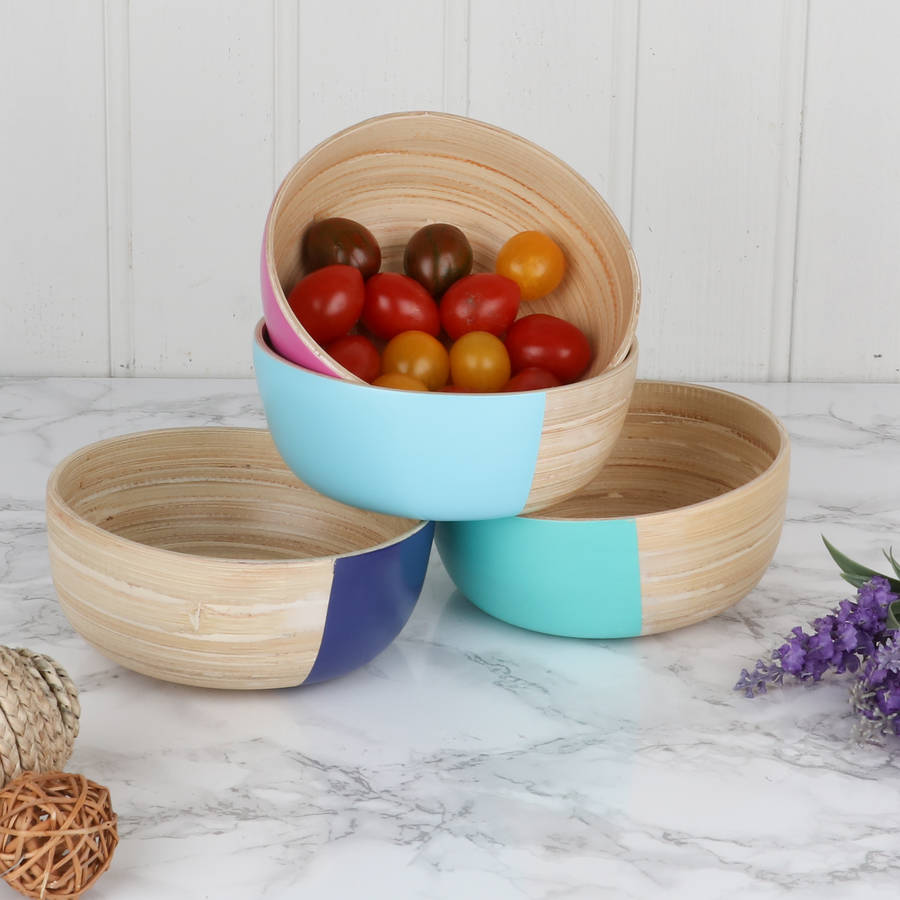 set of four natural bamboo colour pop bowls by dibor