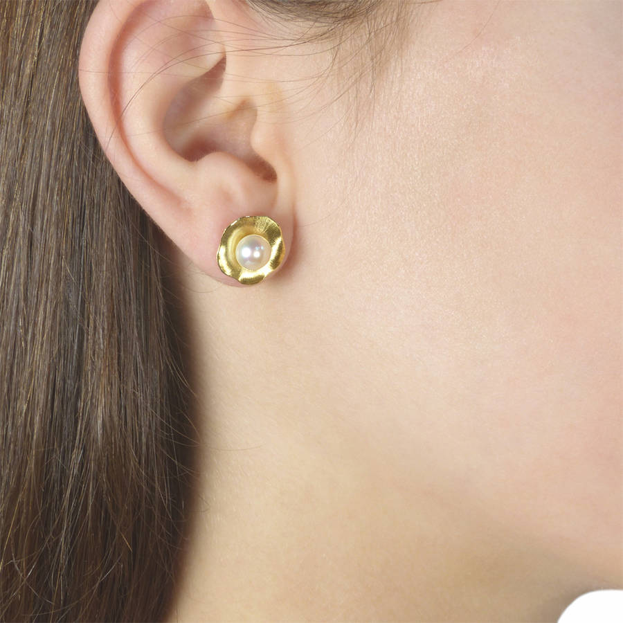 pearl earrings in flower design, 18ct gold by lilia nash jewellery