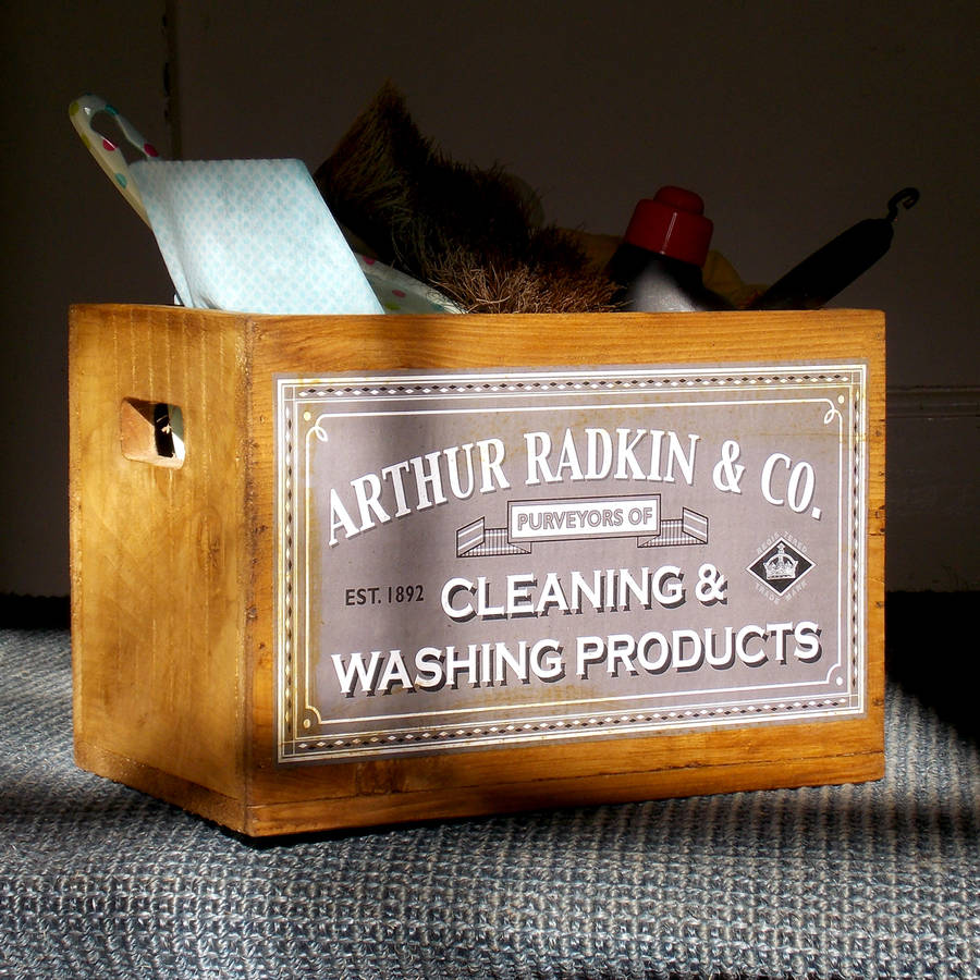 vintage wooden cleaning products crate by the shepherd's hut