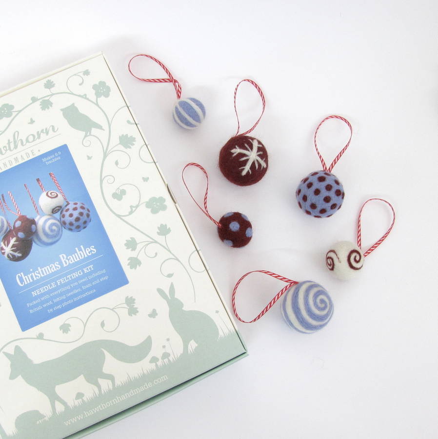 christmas baubles needle felting kit berry and blue by hawthorn
