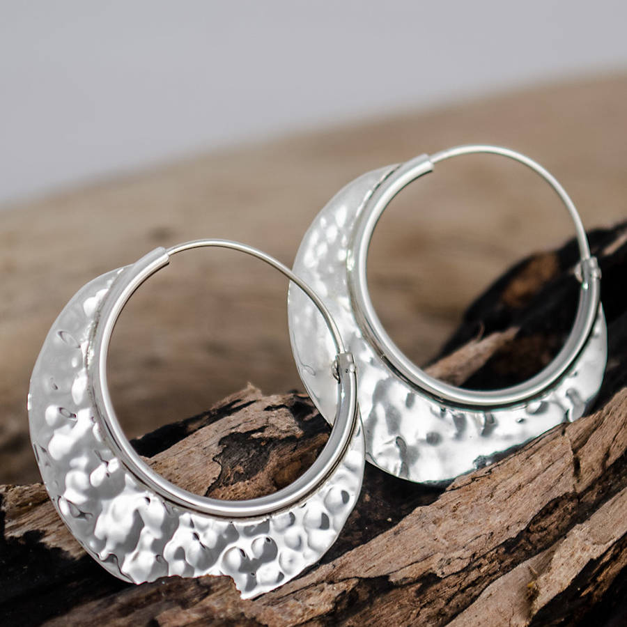 Sterling Silver Hammered Crescent Moon Earrings By The London Earring Company