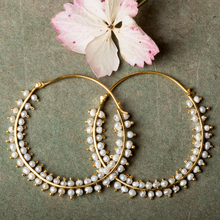 gold hoop pearl earrings by rochelle shepherd jewels. gemstone gold and silver jewellery