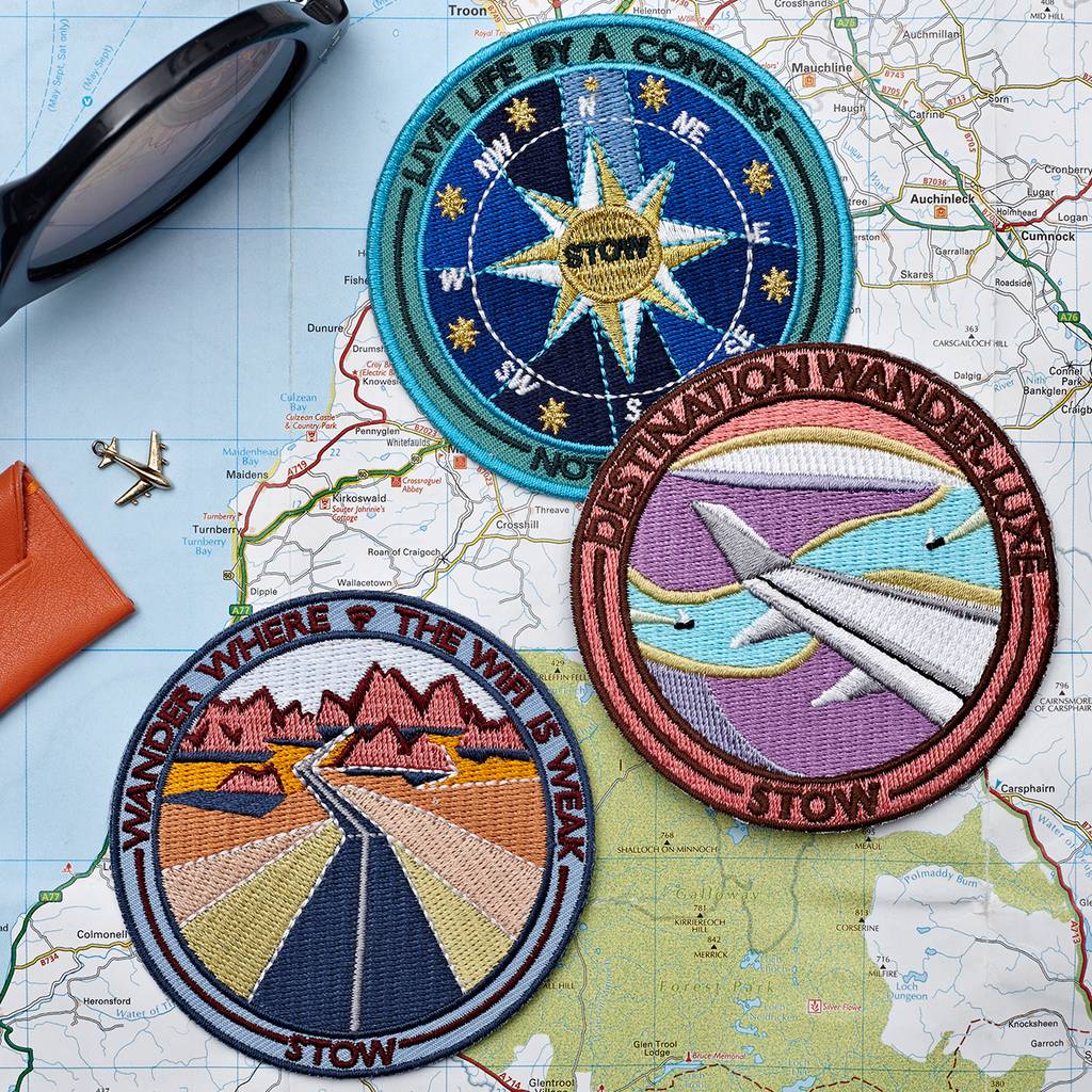 embroidered adhesive travel patches set of three by stow