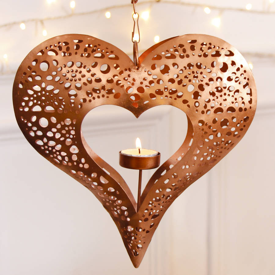 copper hanging heart tea light holder by dibor