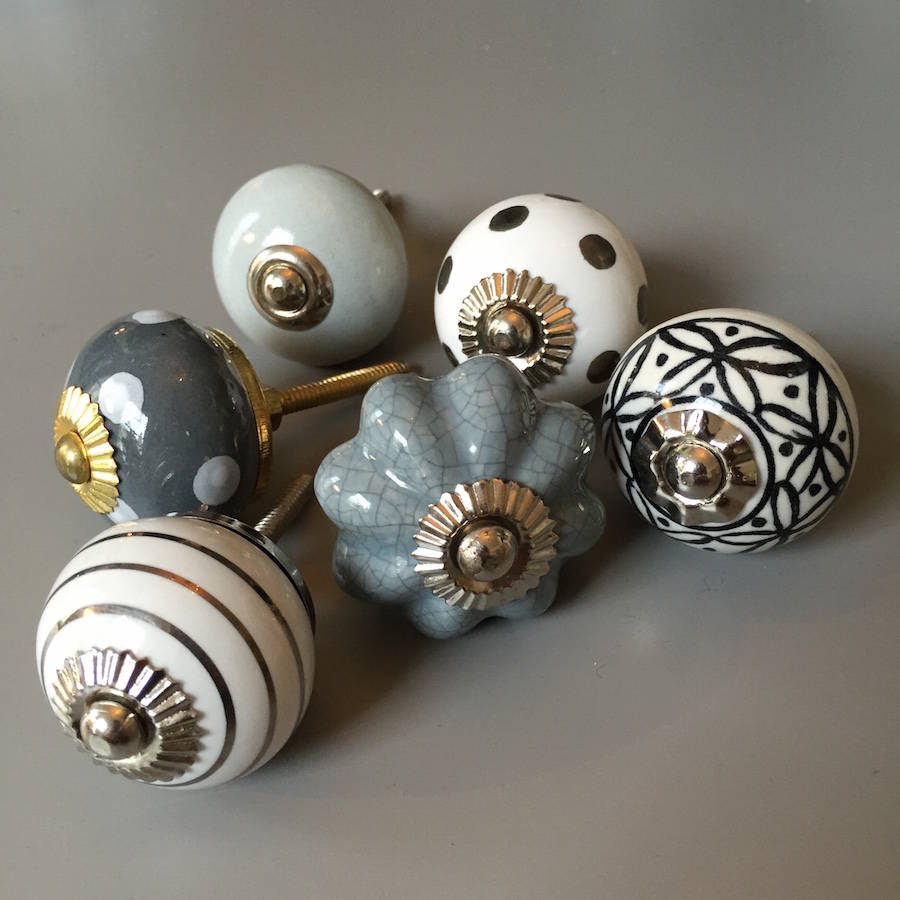 set of six assorted grey and silver drawer knobs by french grey