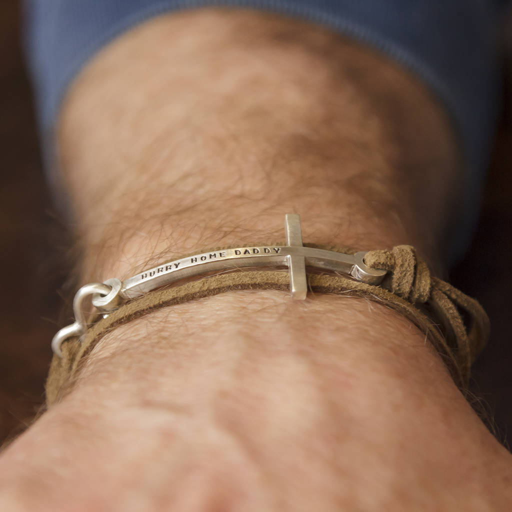 mens personalised cross leather bracelet by soremi jewellery