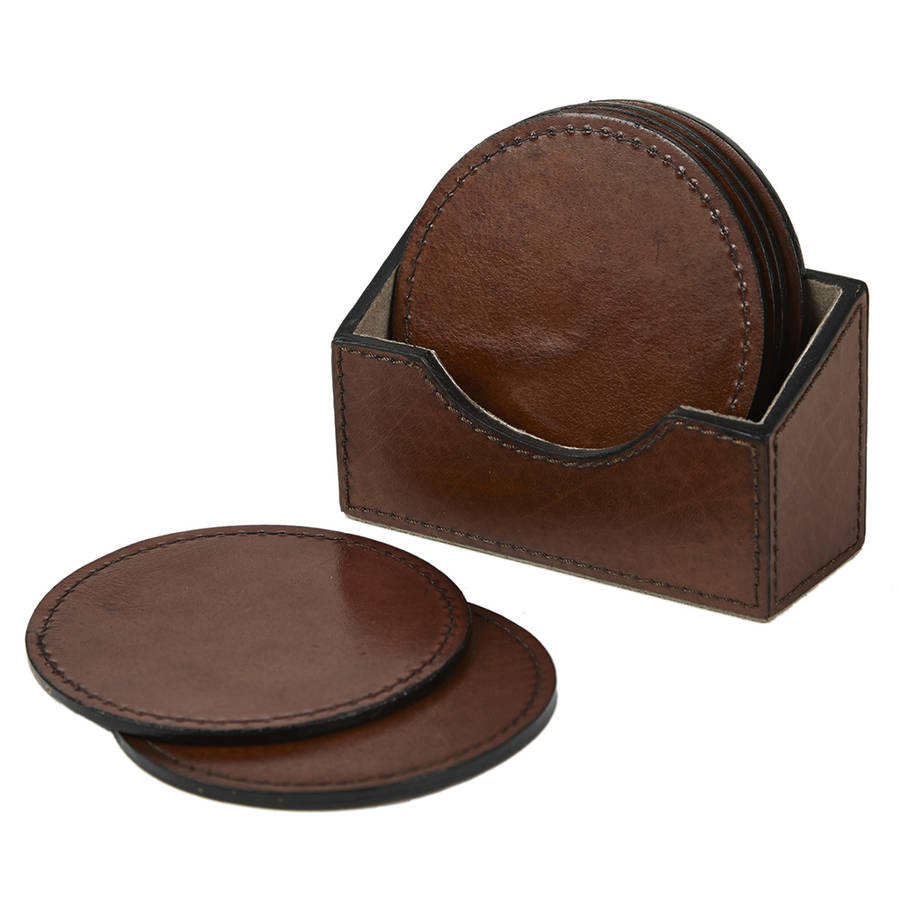 set of round leather coasters by life of riley
