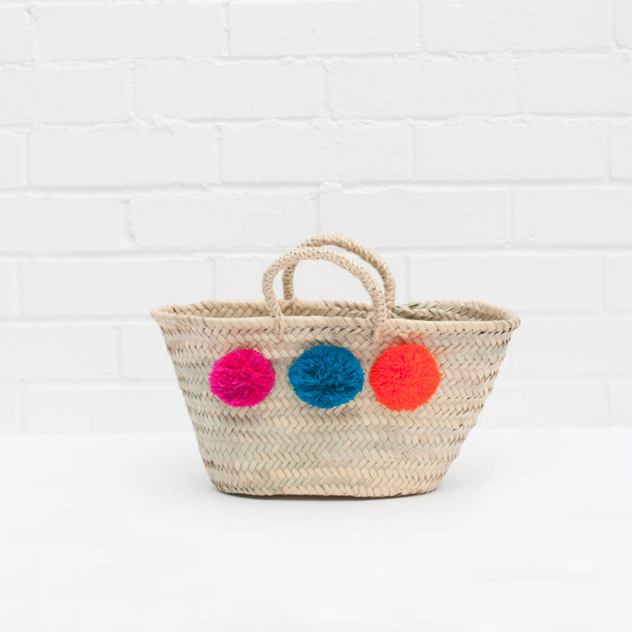 mini mixed pom pom market basket by bohemia