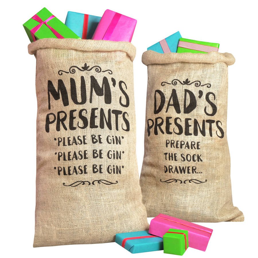 mum and dad christmas sacks by paper plane