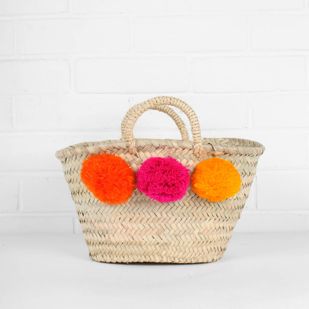 mini mixed pom pom market basket by bohemia