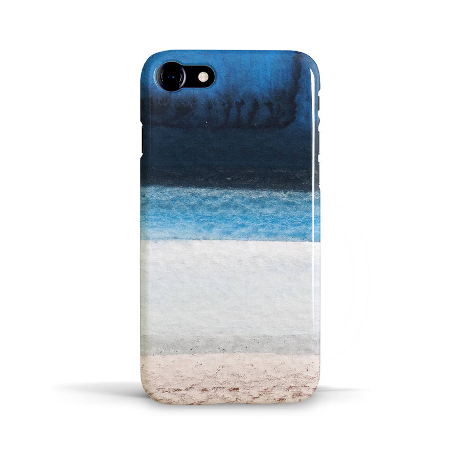 ocean beach phone case design in blue, white and brown by
