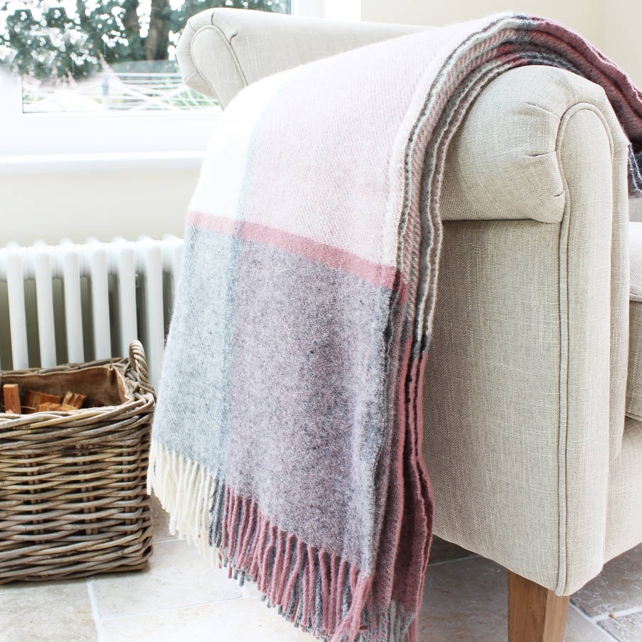dusky pink and grey check wool throw by marquis & dawe