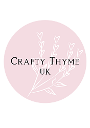 Brand logo - pink circle with a sprig of thyme and the name Crafty Thyme UK