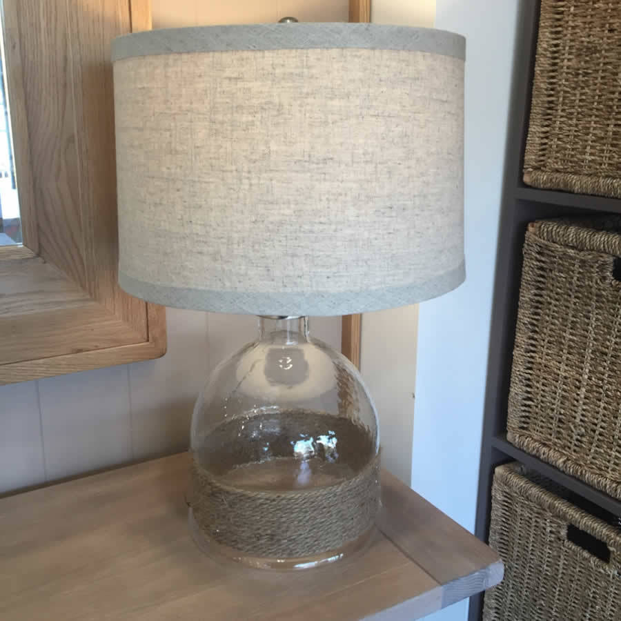 glass and nautical rope table lamp with linen shade by cowshed