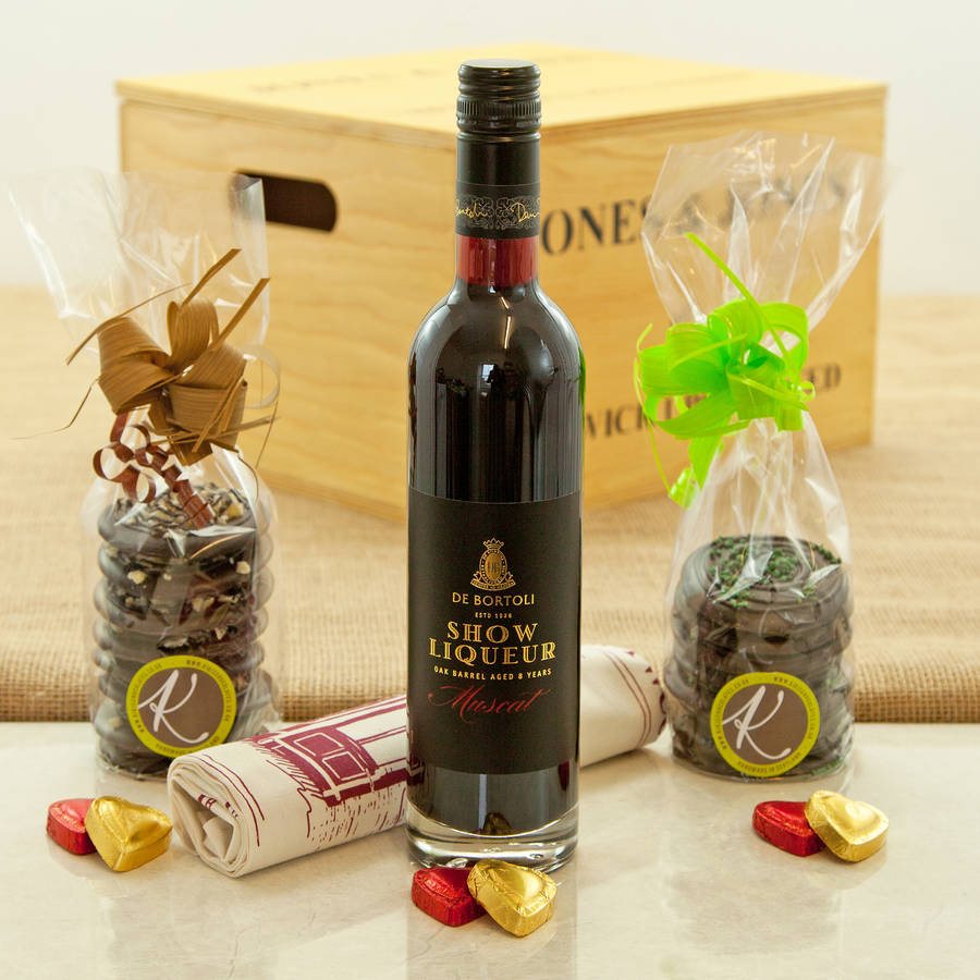 muscat dessert wine and artisan chocolate gift hamper by jones and