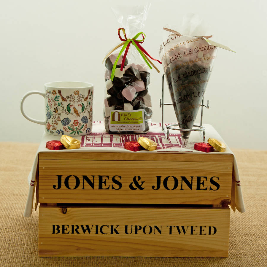 hot chocolate gift hamper crate by jones and jones of berwickupon