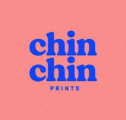 Chin Chin Prints logo, pink background and blue text