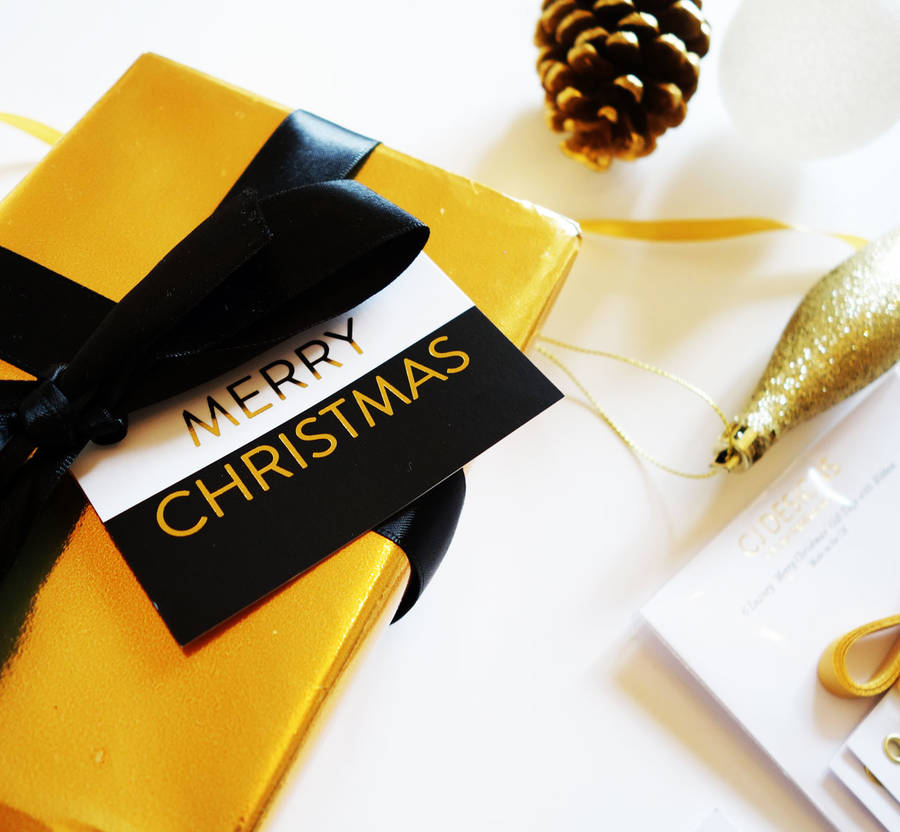 monochrome and gold foil christmas gift tags by cj designs