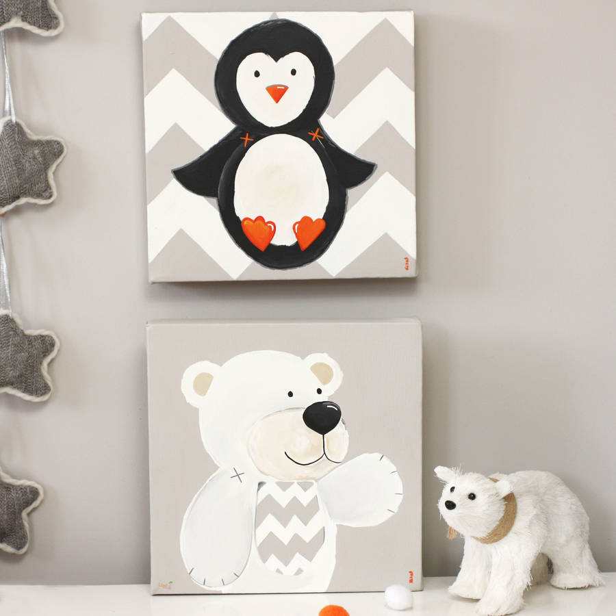arctic animal nursery canvas, hand painted by liza j design