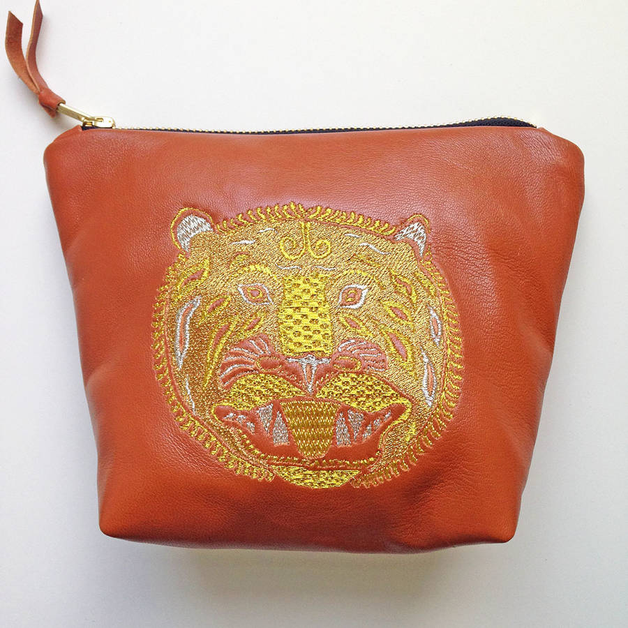 embroidered metallic leather tiger make up bag by papercutts designs