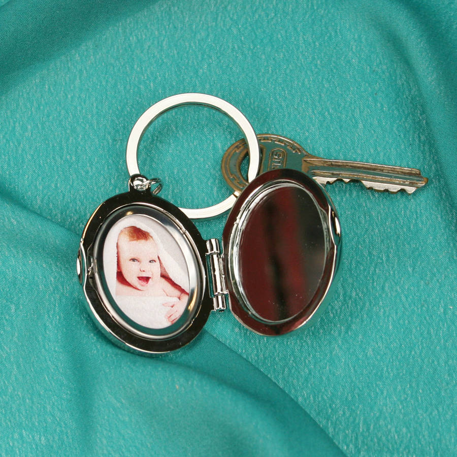 engraved silver oval photo and mirror key ring by