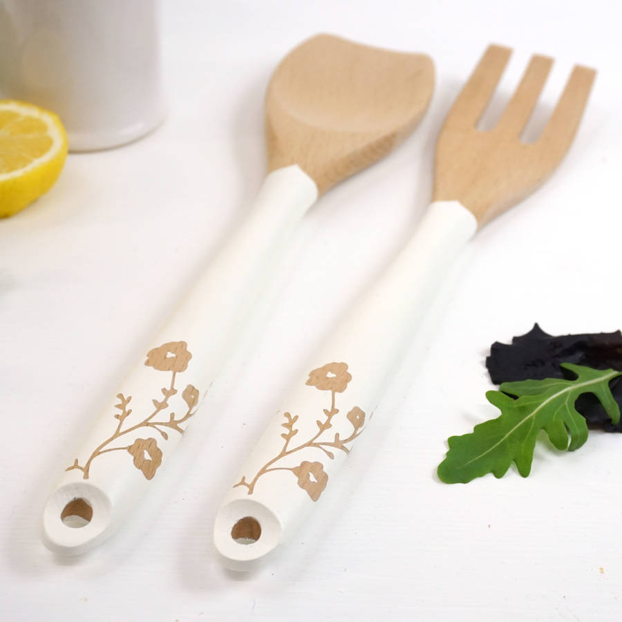 hand painted wooden salad servers by cathy hilton artisan