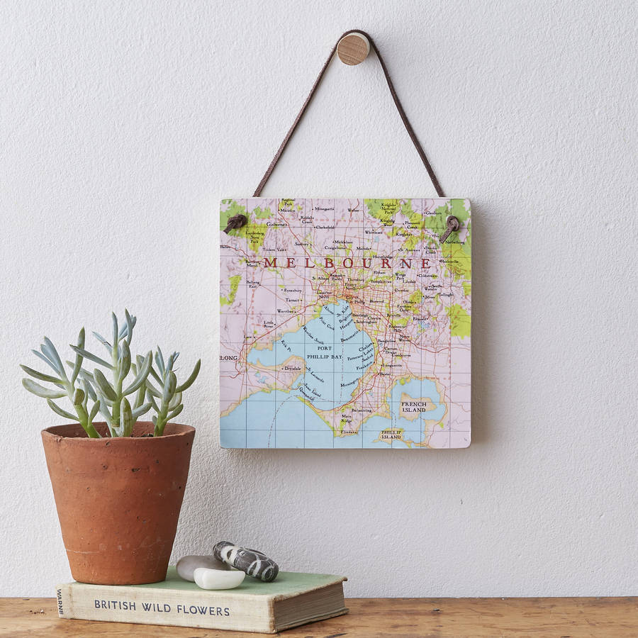 personalised hanging map location block wall art by bombus