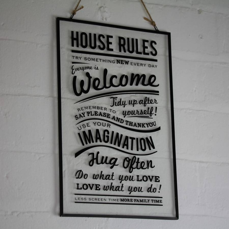 'house rules' hanging glass sign by nest
