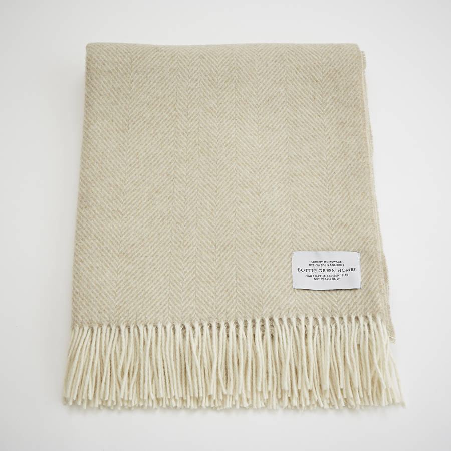 beige merino lambswool herringbone throw by bottle green homes