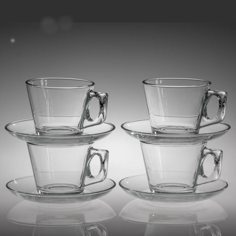 retro glass cup and saucer set of four by emma britton decorative glass