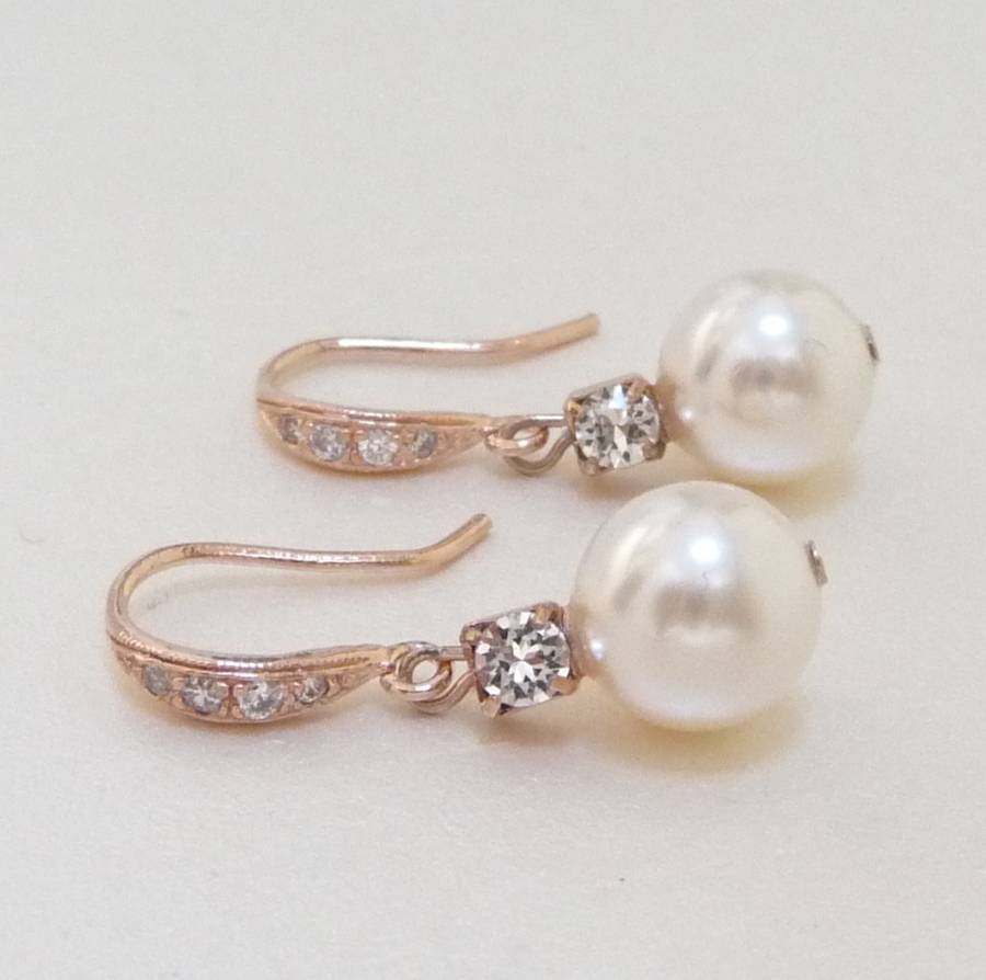 rose gold rhinestone and pearl fish hook earrings by katherine swaine