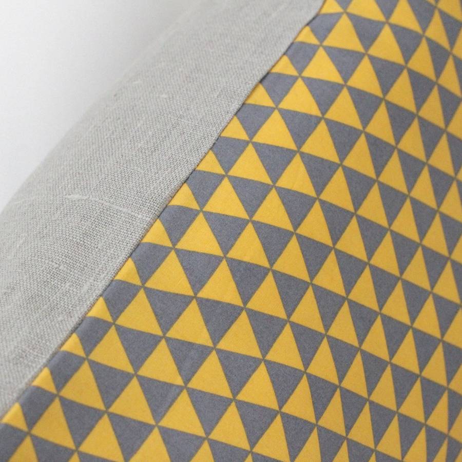 geometric yellow and grey triangles cushion cover by quirkybee